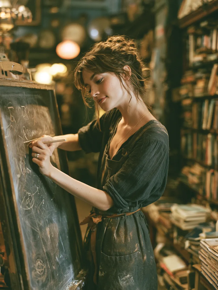 Bookstore owner writing the day's plan on a chalkboard, illustrating a simple clear process