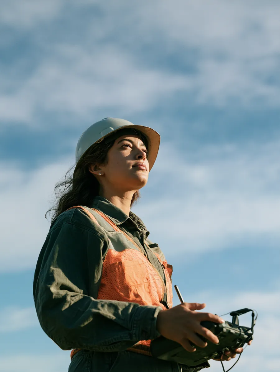 Drone operator reading a controller screen in an open field — instruments first, flight second