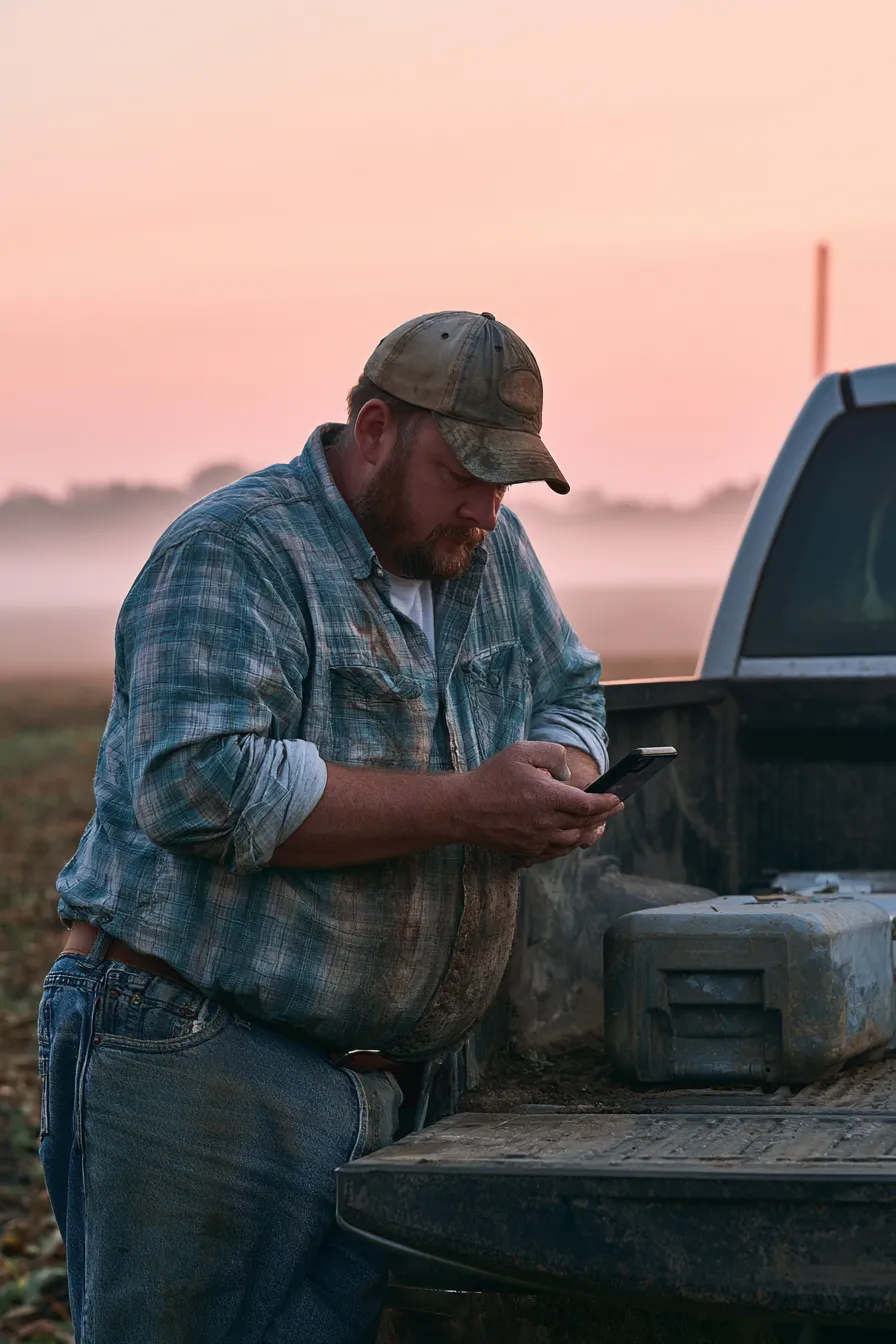 Farmer at his truck at dawn checking the forecast — planning ahead, the heart of every good trip budget