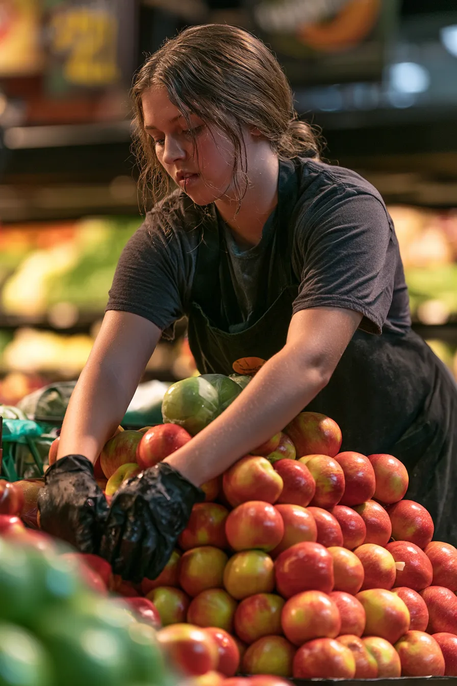 Grocery worker restocking produce in the early morning, steady hours behind a short repayment plan