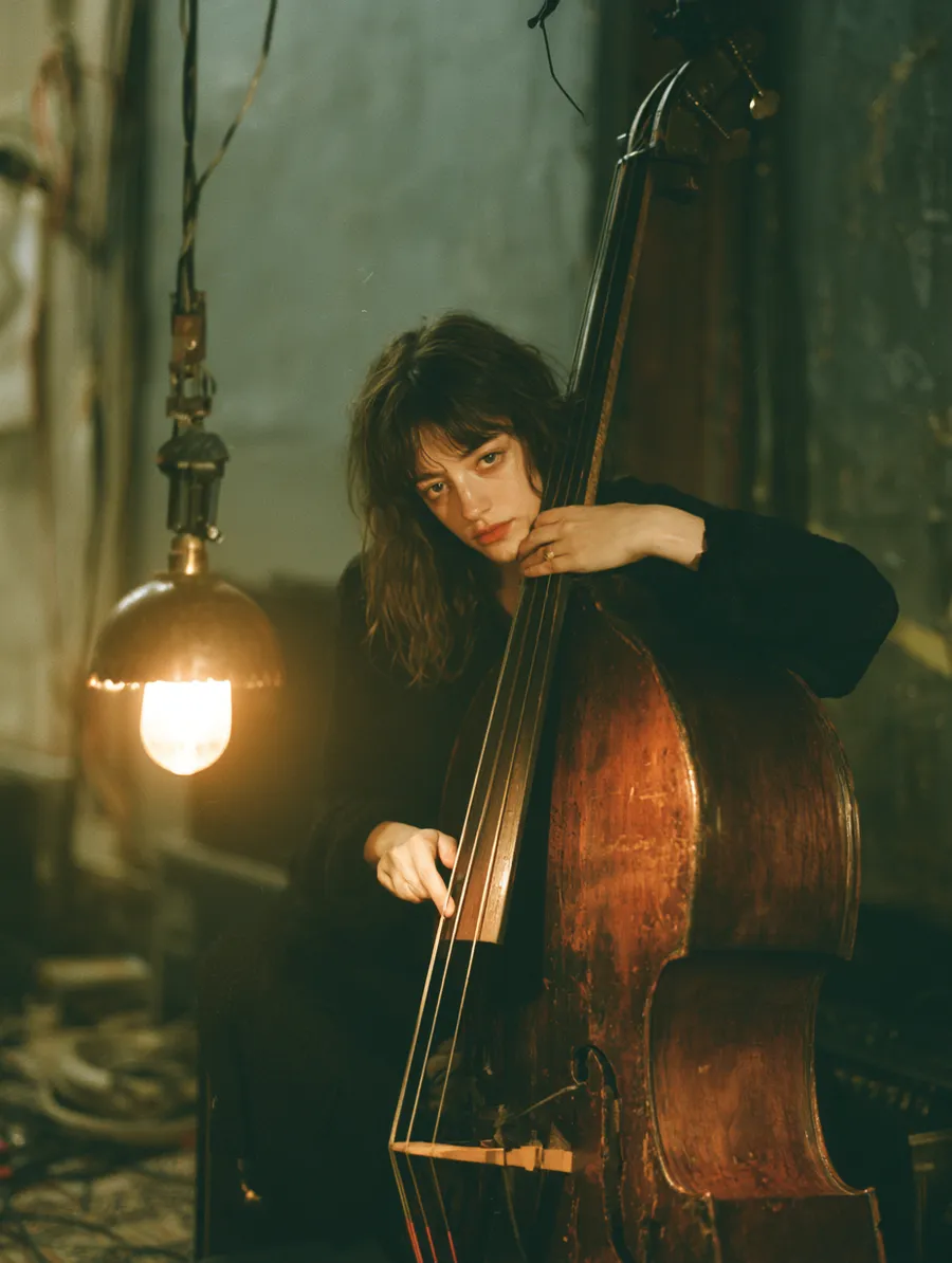 Musician tuning an upright bass backstage under a single work lamp — quiet preparation before the performance