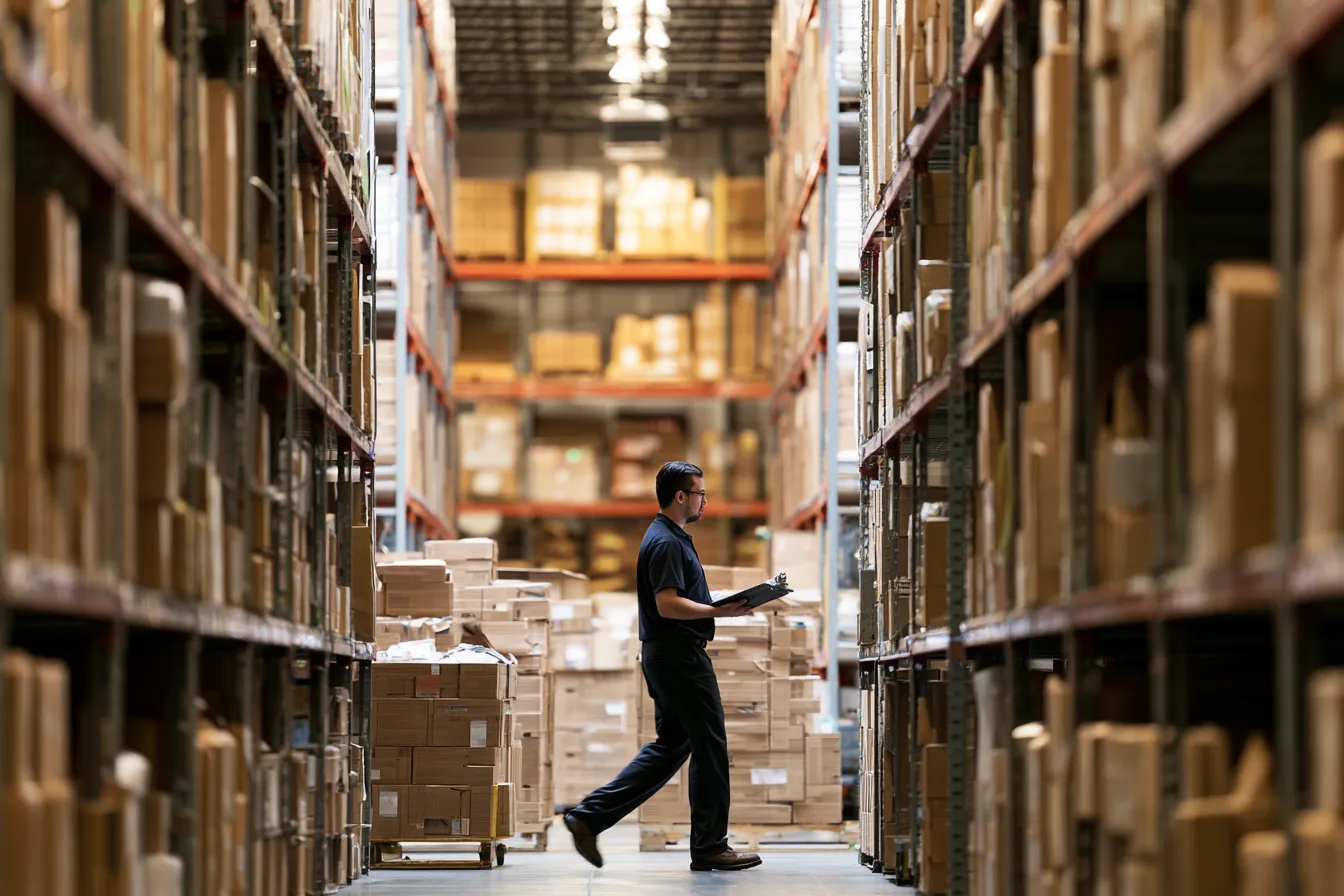 Warehouse supervisor walking the floor, representing short-term borrowers